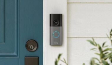 A gray Ring doorbell on white siding by a teal door.