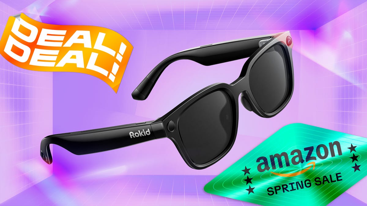 Rokid AI Glasses with black frames on a purple background with an Amazon spring sale sticker