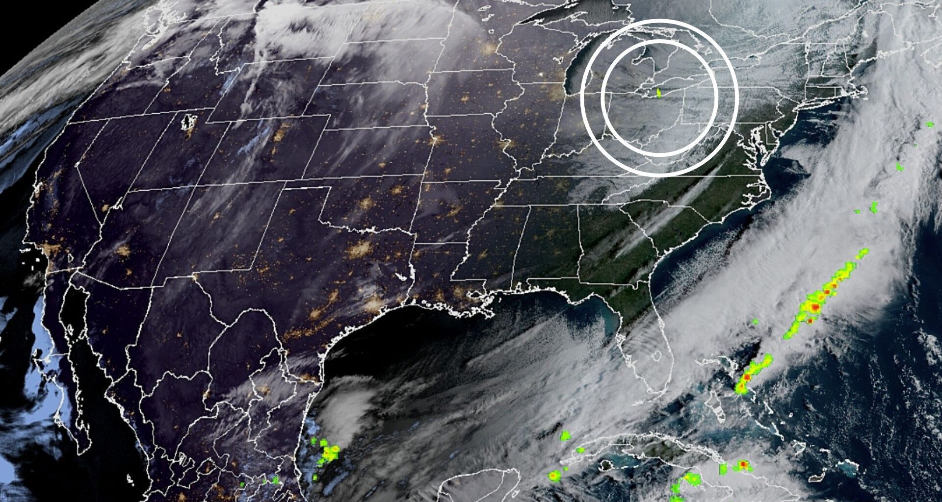 A satellite view of America is shown with state boundaries outlined in white. White circles indicate the location of a fireball occurrence that was spotted from orbit.