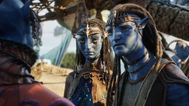 Sam Worthington as Jake Sully and Zoe Saldaña as Neytiri in a still from Avatar: Fire and Ash. (Source: 20th Century Studios)