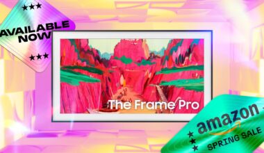 Samsung Frame TV with a purple and yellow background