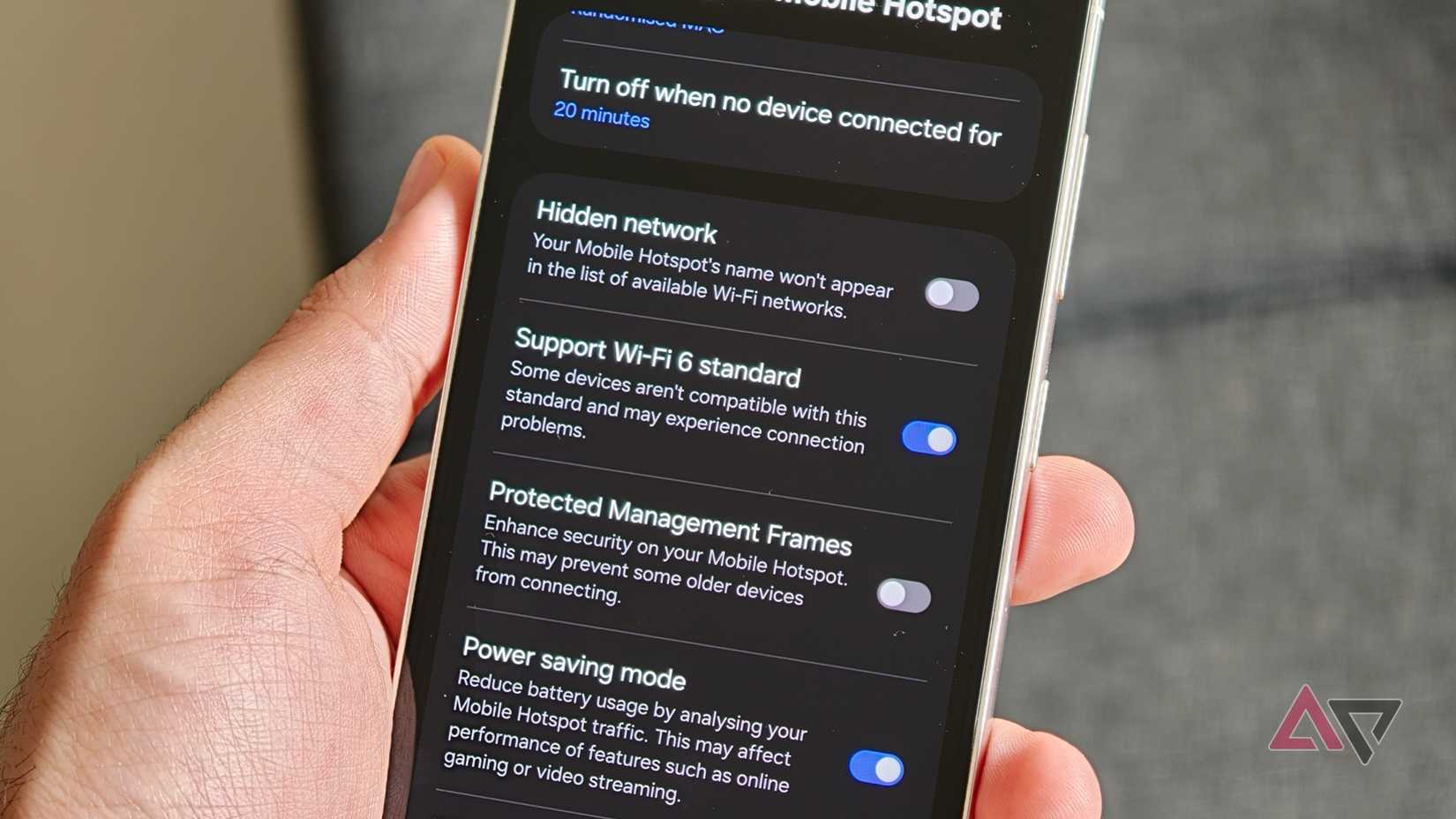 Advanced settings for mobile hotspot on a Galaxy device, including options for hidden network, Wi-Fi 6 standard, and power saving mode