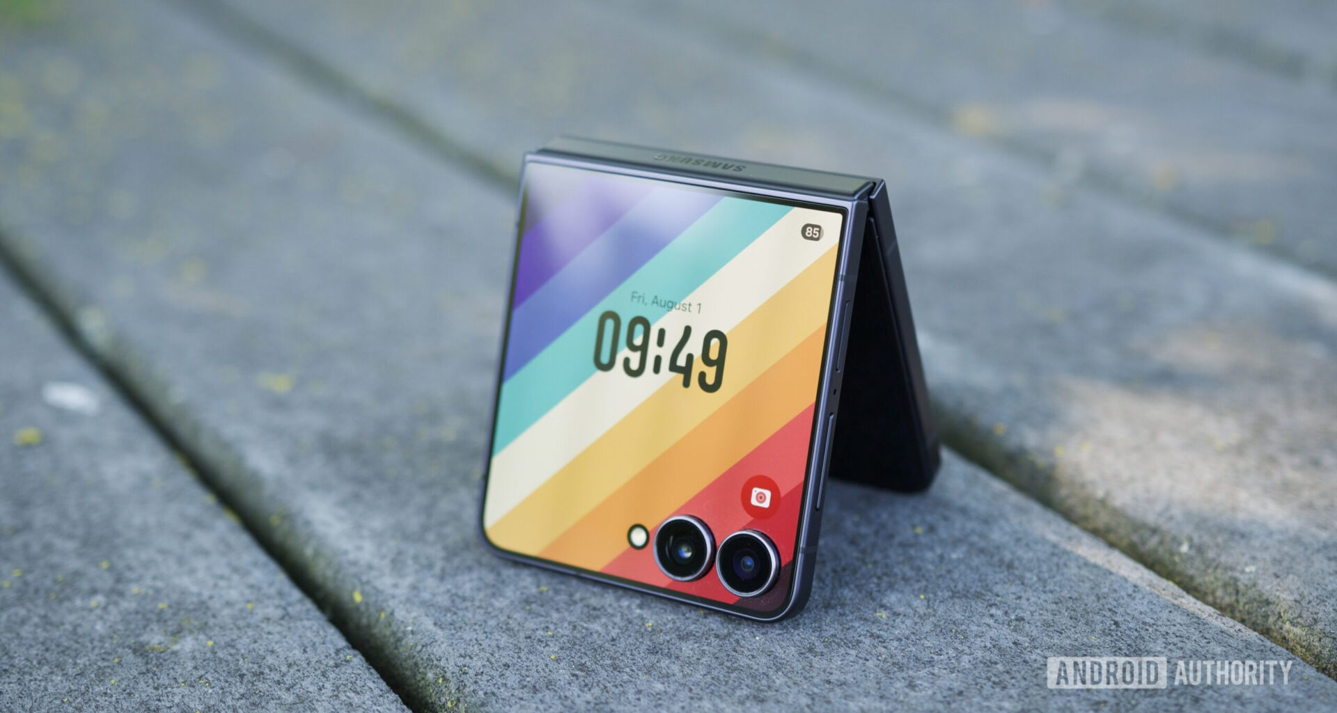 The Galaxy Z Flip 7 with its cover screen on.