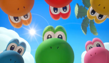 different color yoshis look down at the camera