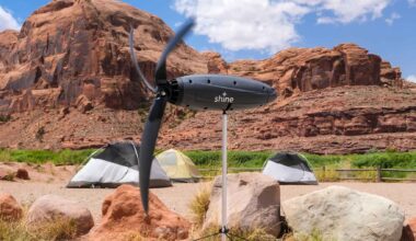 Shine 2 portable wind turbine generating electricity outdoors to charge phones and small devices