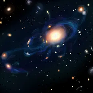 Using NASA’s Chandra X-ray Observatory and Hubble Space Telescope, researchers pinpointed a short gamma-ray burst to a faint galaxy that appears to be part of a larger group of galaxies about 8.5 billion light-years away. This group is undergoing a cosmic merger — galaxies colliding and interacting and stirring up star formation. Credit: Illustration by Maria Cristina Fortuna/NASA/Chandra X-ray Center