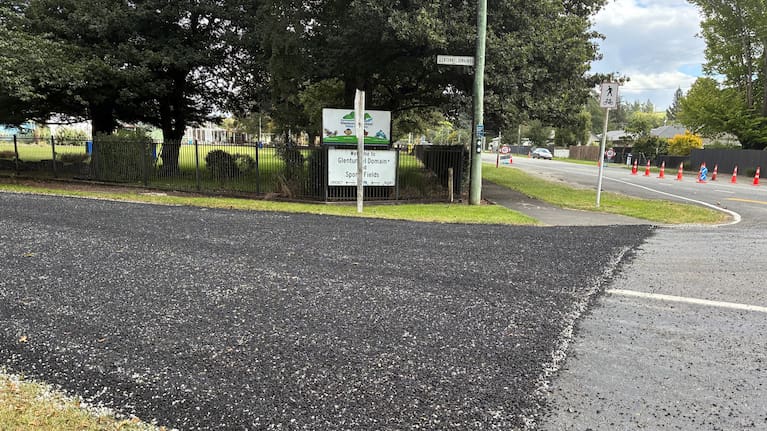 Single use only Selwyn Mayor Lydia Gliddon inspects the new rubber surface on Glentunnel Domain Road.