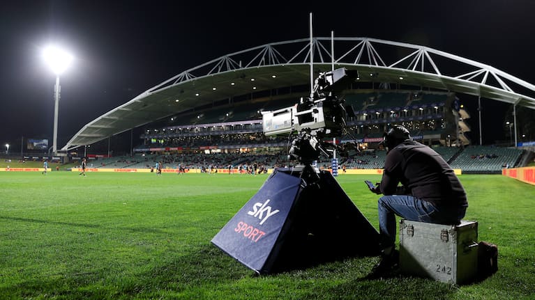  Sky TV camera operator looks on as a power cut disables transmission during the round seven Super Rugby match between Moana Pasifika and Highlanders at North Harbour Stadium, on March 27, 2026, in Auckland, New Zealand. 