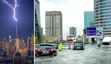 The Burj Khalifa was hit by lightning and flooding in Dubai. Pic: Dubai Media Office/AP