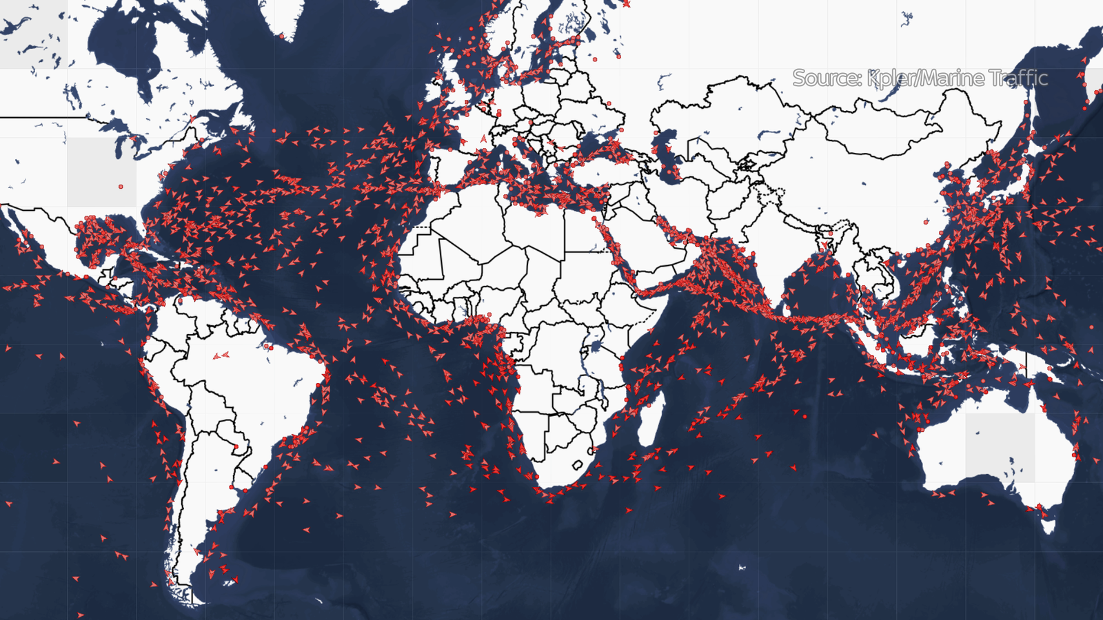 Oil tanker positions around the world, 1 March 2026. Source: Kpler/Marine Traffic