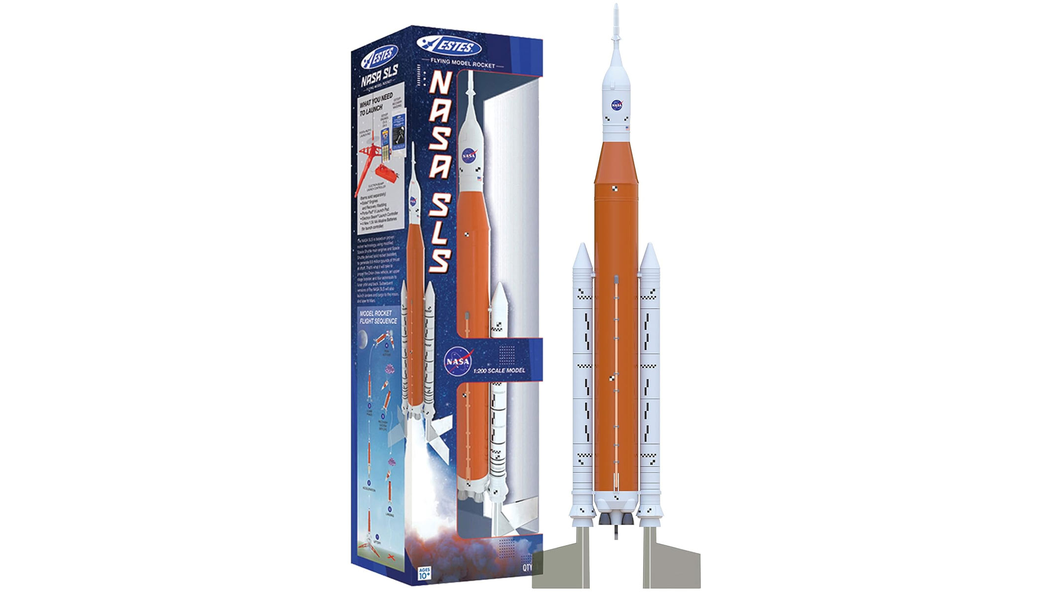 An orange roket with a white pointy tip is standing next to its blue product box which reads "NASA SLS" all on a white background.