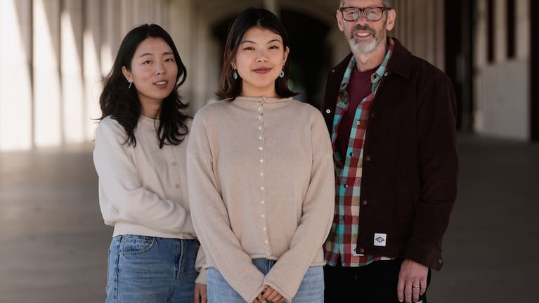 Cinoo Lee, Stanford postdoctoral fellow in psychology, from left, Myra Cheng, Stanford Ph.D. candidate in computer science, Stanford University, and Dan Jurafsky, Stanford professor of computer science and linguistics, pose for photos on the university campus in Stanford
