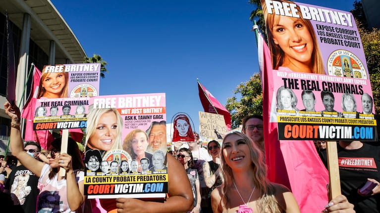 Free Britney supporters sing and dance on Grand Avenue outside Stanley Mosk Courthouse on  November 12, 2021 in Los Angeles