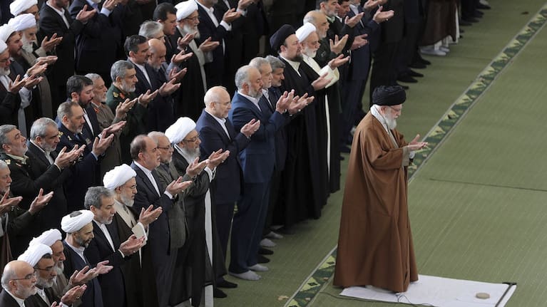 Supreme Leader Ayatollah Ali Khamenei leads an Eid al-Fitr prayer marking the end of the Muslim holy fasting month of Ramadan at the Imam Khomeini Grand Mosque in Tehran, Iran. (Source: Office of the Iranian Supreme Leader via AP)