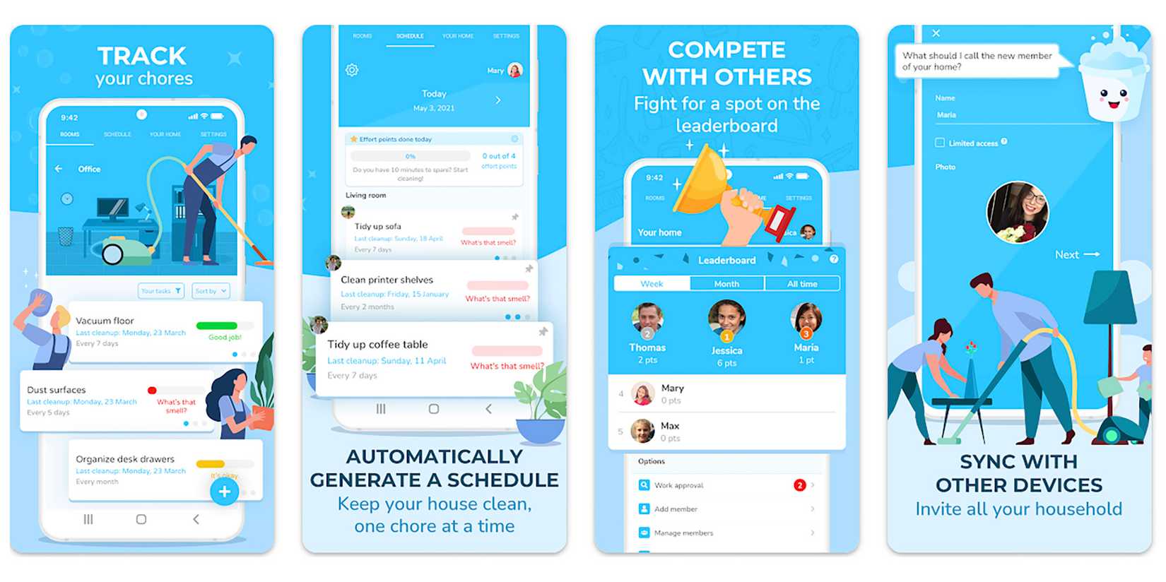 several screens from the Sweepy app