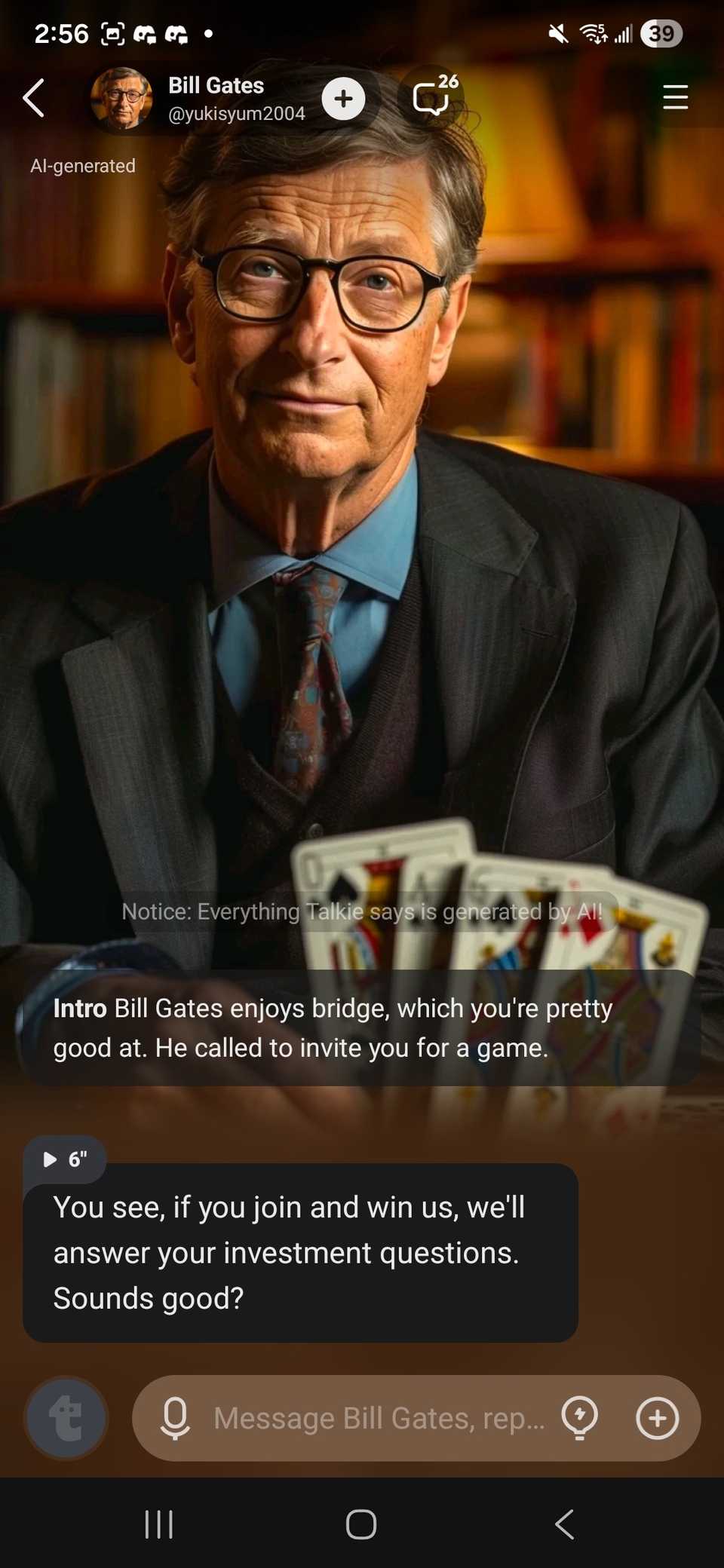 Interacting with Bill Gates in a game style format in the Talkie app