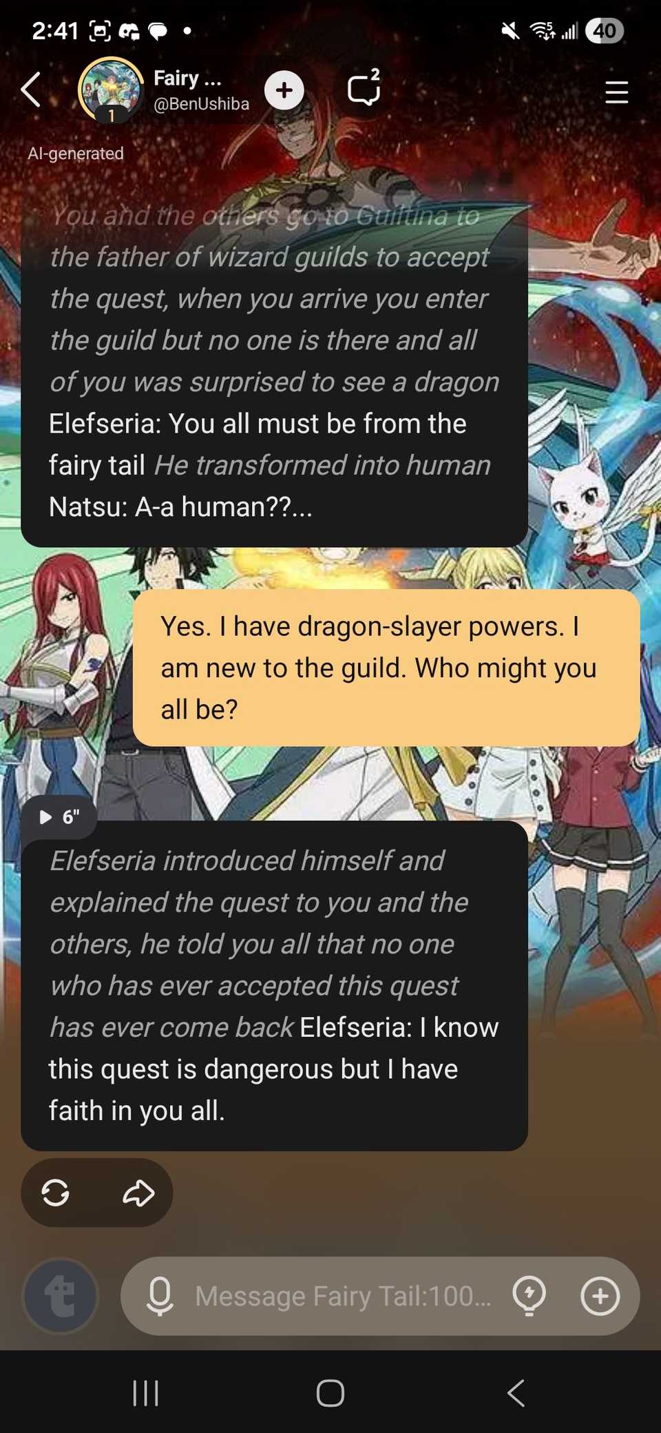 A short roleplay session with the Talkie app showing ongoing context window