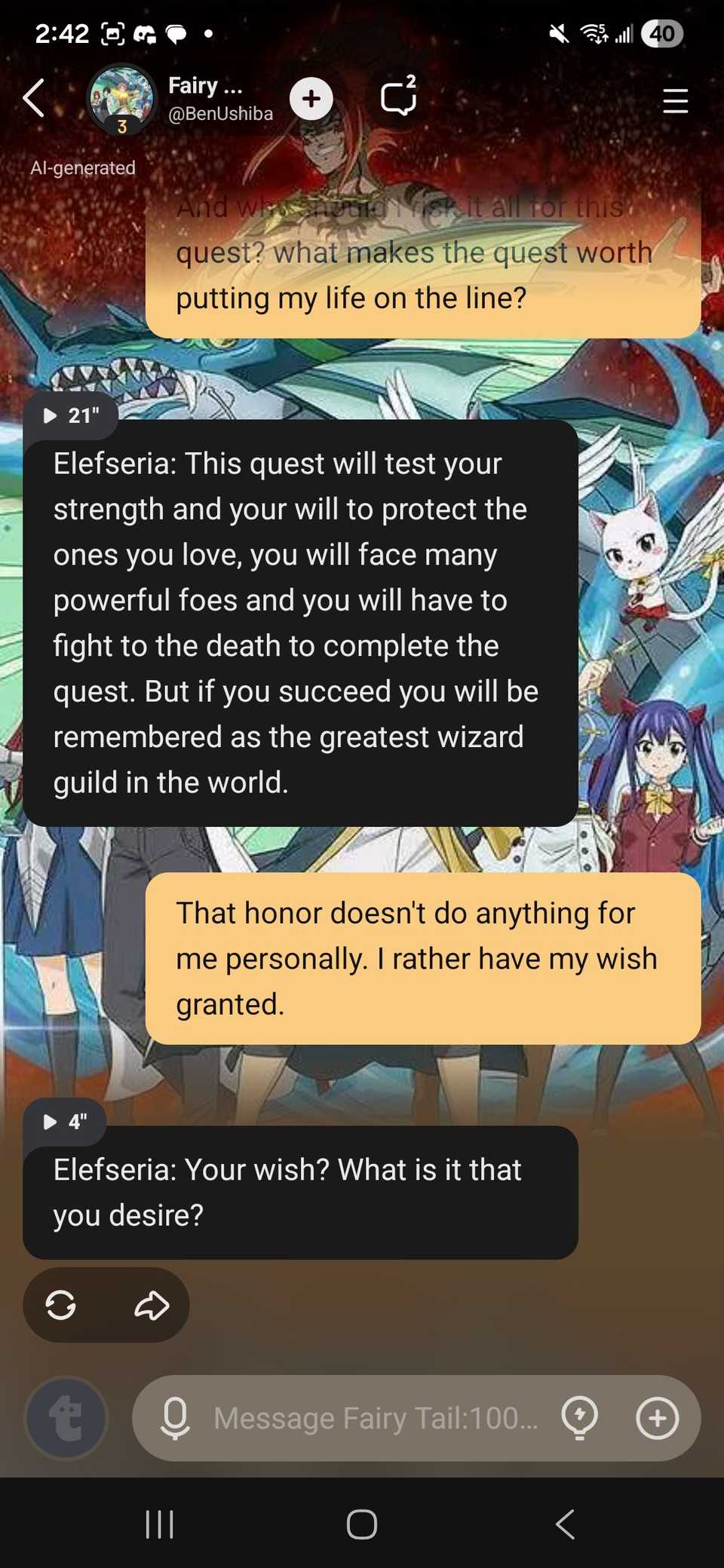 Example of a short roleplay session in the Talkie app with continuous conversation window in the Talkie app