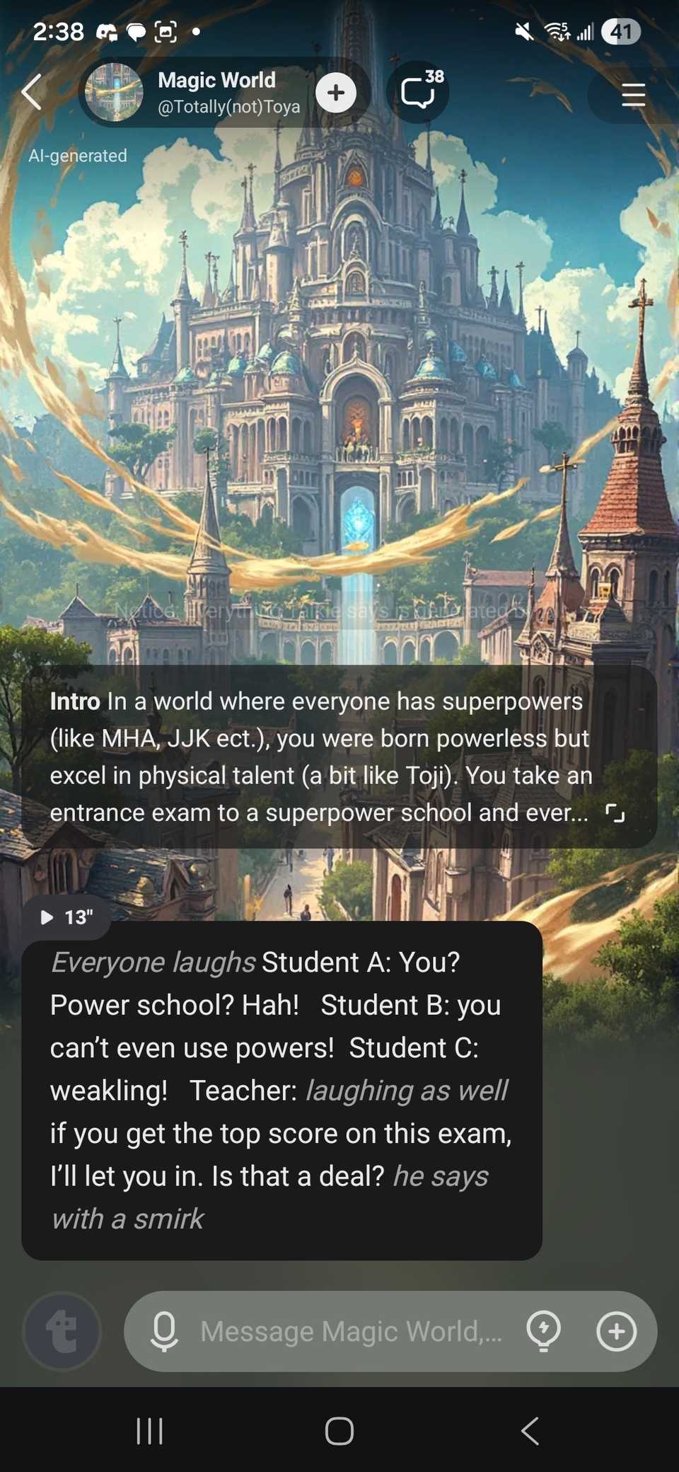 New chat opener after searching for a story to interact in with the Talkie app