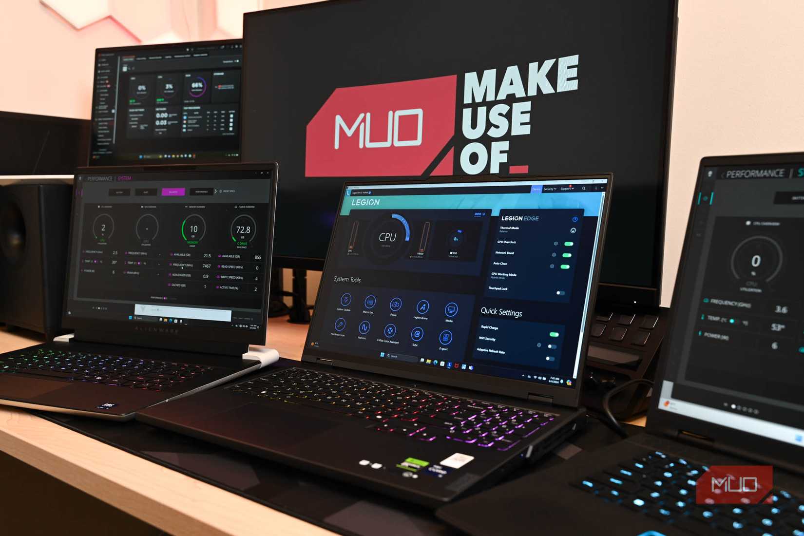 Testing Gaming Laptops in front of a monitor with the MakeUseOf logo
