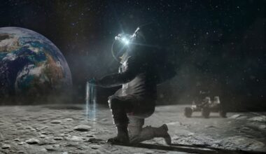 The Astronaut Sits On His Knee On The Lunar Surface And Pinches The Ground