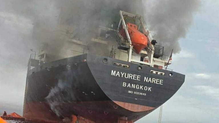 This image released by the Royal Thai Navy shows Thai cargo ship, Mayuree Naree, that was struck and set ablaze in the Strait of Hormuz Wednesday, March 11, 2026.