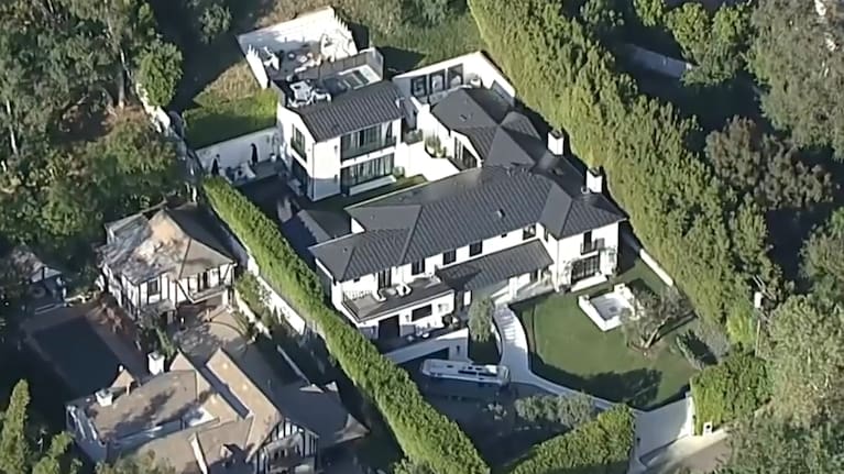 This image taken from video provided by ABC7 Los Angeles on Monday, March 9, 2026 shows an aerial shot of singer Rihanna's home in Los Angeles
