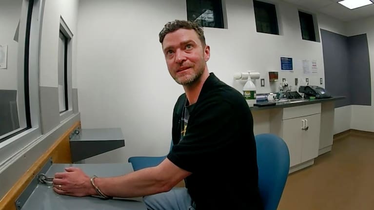 This police body cam still image provided by the Sag Harbor Police Department shows Justin Timberlake after his arrest by police in Sag Harbor, N.Y. on June 18, 2024. 