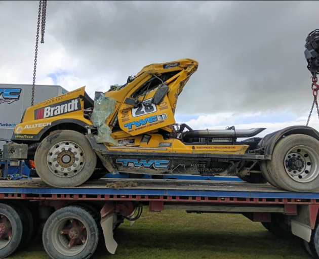 Damage to the truck following the crash at Teretonga Park this morning. Photo: Mark Gargiulo via...