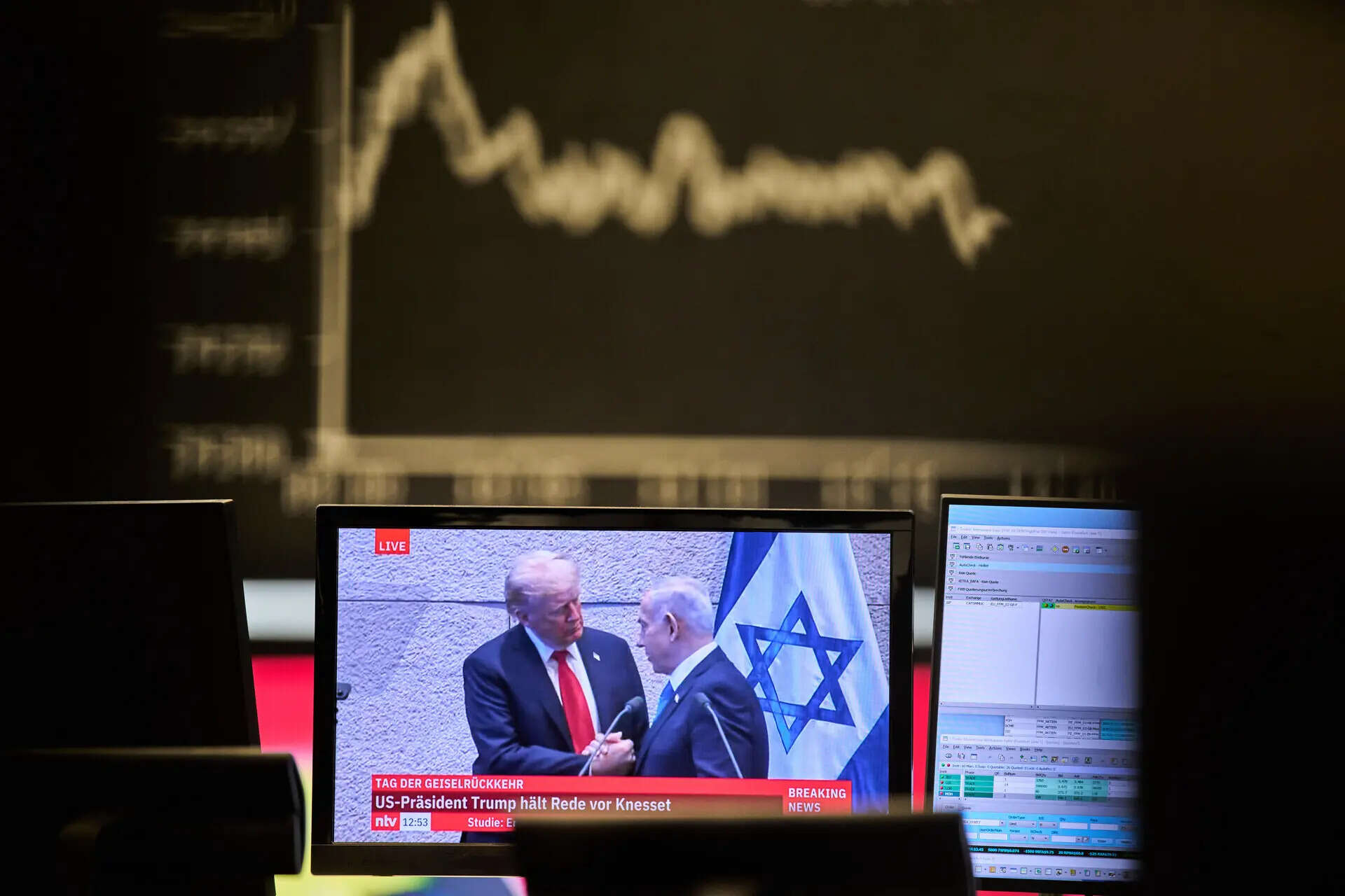 A television screen shows US President Donald Trump and Israel's President Benjamin Netanyahu shaking hands at the Knesset, in front of the German stock index DAX at the stock market in Frankfurt, Germany, Monday, Oct. 13, 2025 (AP Photo/Michael Probst) Trump Mideast Wars Gaza