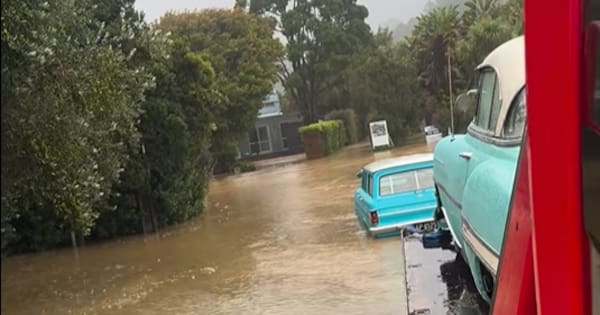 Classic cars caught in Coromandel Peninsula flooding