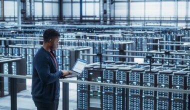 Technician overlooking an AI data center.