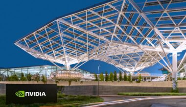 Nvidia's Santa Clara headquarters at dusk.