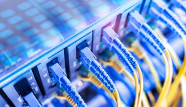 Cables plugged into servers.