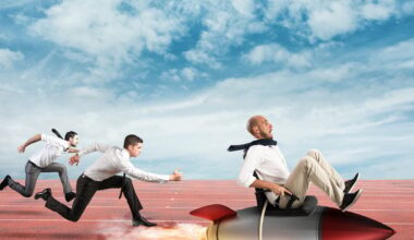 An investor in business attire racing ahead of two competitors while riding on a flaming rocket.