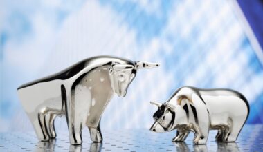 Bear and bull figurines facing each other.