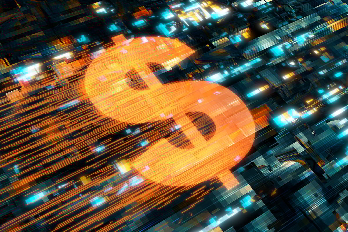 A dollar sign zooming through cyberspace.