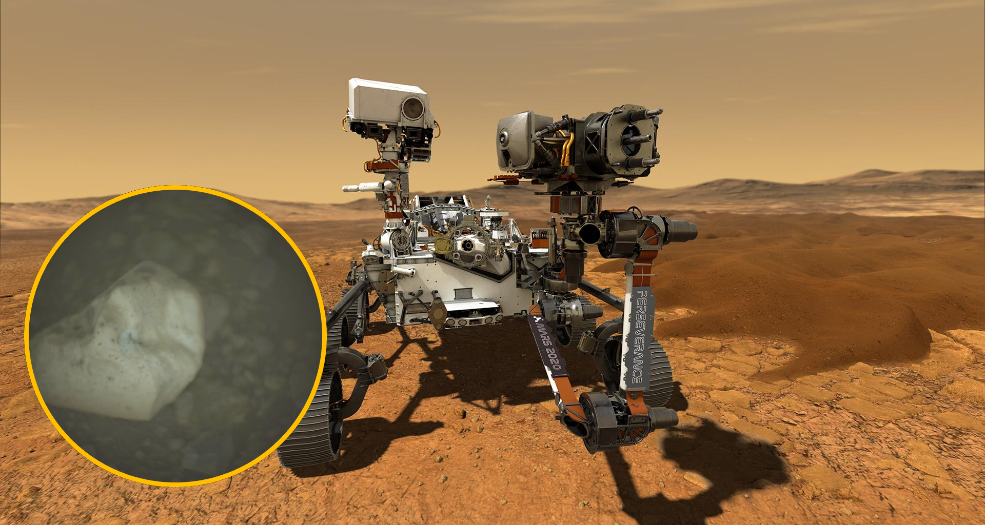 An illustration of Mars' Perseverance rover with a circular boxout showing a gray crystalline shape over a dark background