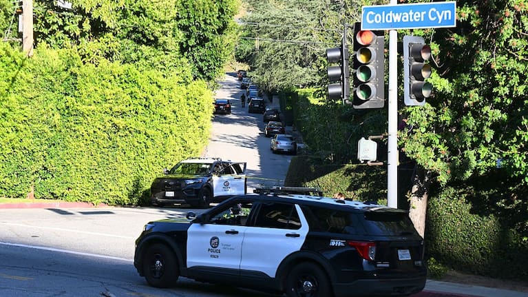 View of police vehicles outside of Rihanna's Beverly Hills home after a report of gun shots fired in Los Angeles.