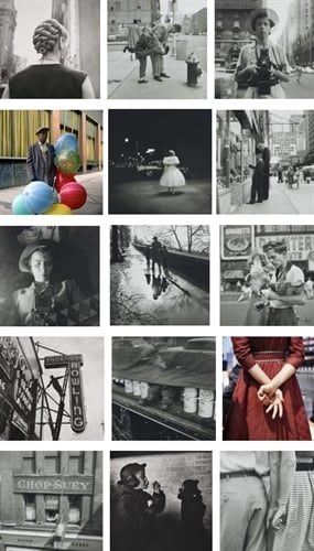 A collage of 15 black-and-white and color street photographs showing people, city scenes, balloons, reflections, neon signs, hands, and shop storefronts from mid-20th-century urban life.