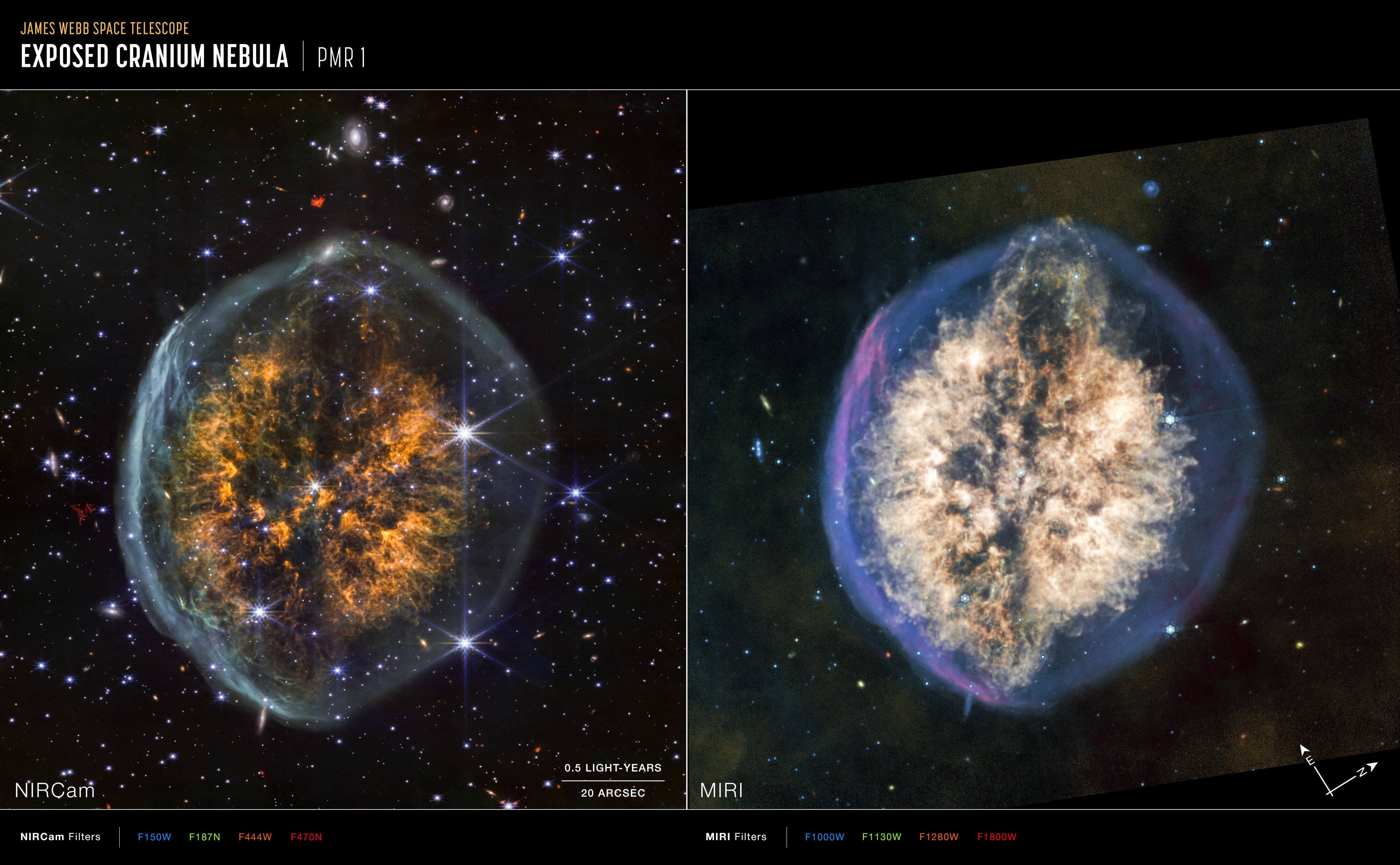Side-by-side images of the Exposed Cranium Nebula taken by the James Webb Space Telescope using NIRCam (left) and MIRI (right) filters, showing colorful nebular structures.