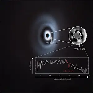 This image shows two planets forming around the young star WISPIT 2. The images at the top were obtained with ESO’s Very Large Telescope (VLT) using the SPHERE instrument. Credit: ESO