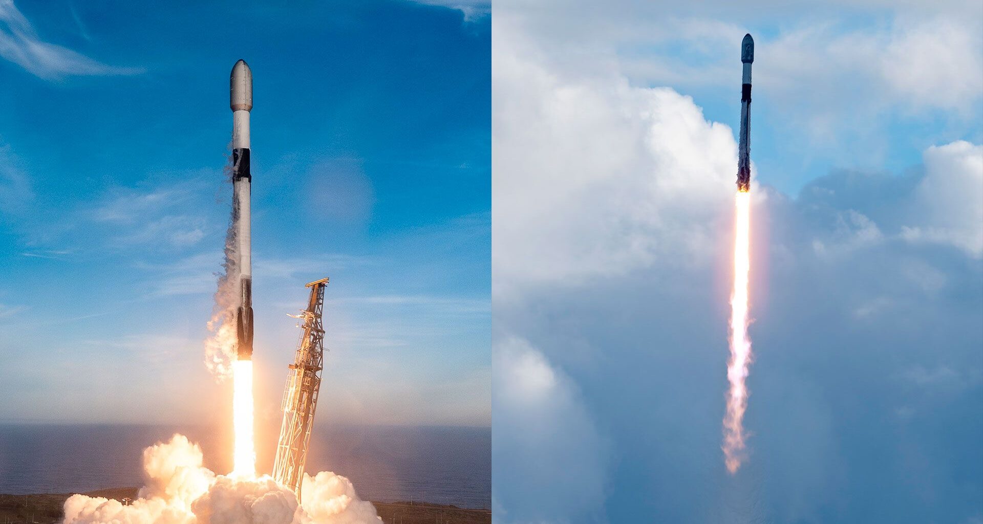 montage of two photos showing white and black rockets launching to blue skies