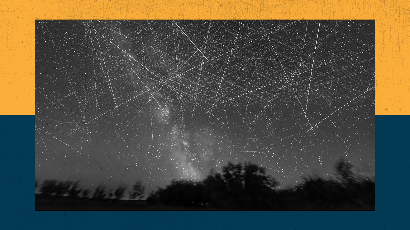 Parallel streaks in the skies left by satellites, many of them Starlink satellites. Starlink accounts for roughly two-thirds of all active satellites in space.