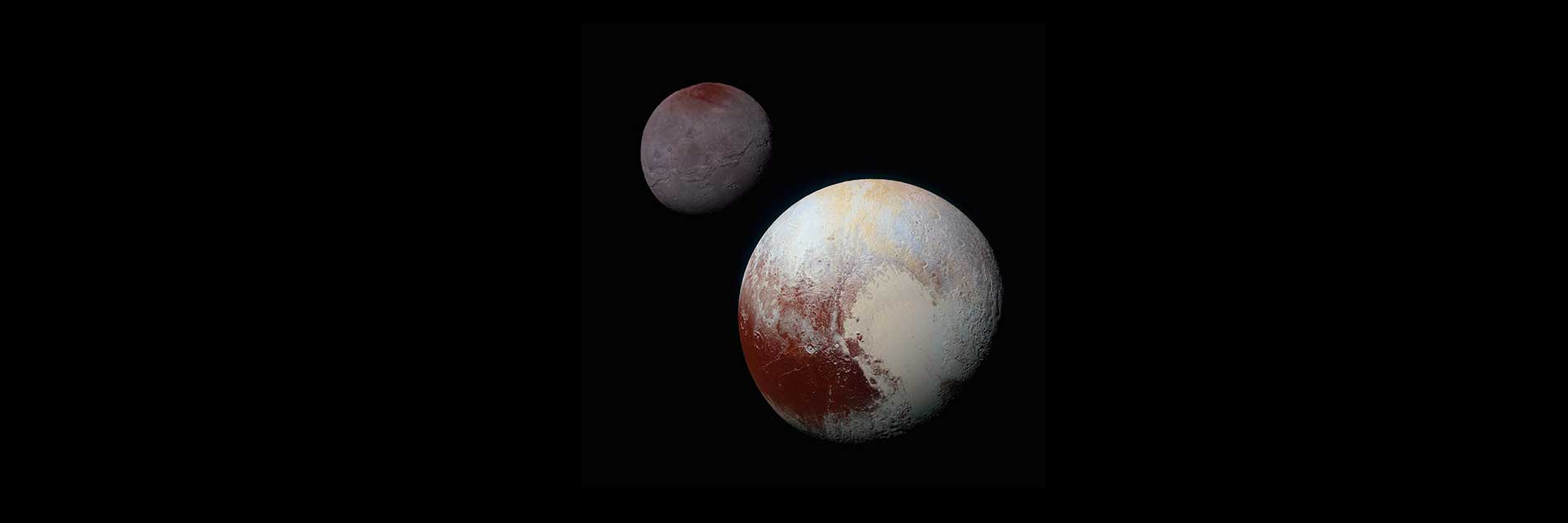 An illustration of Pluto and its moon Charon, both small red and white planets in the darkness of space