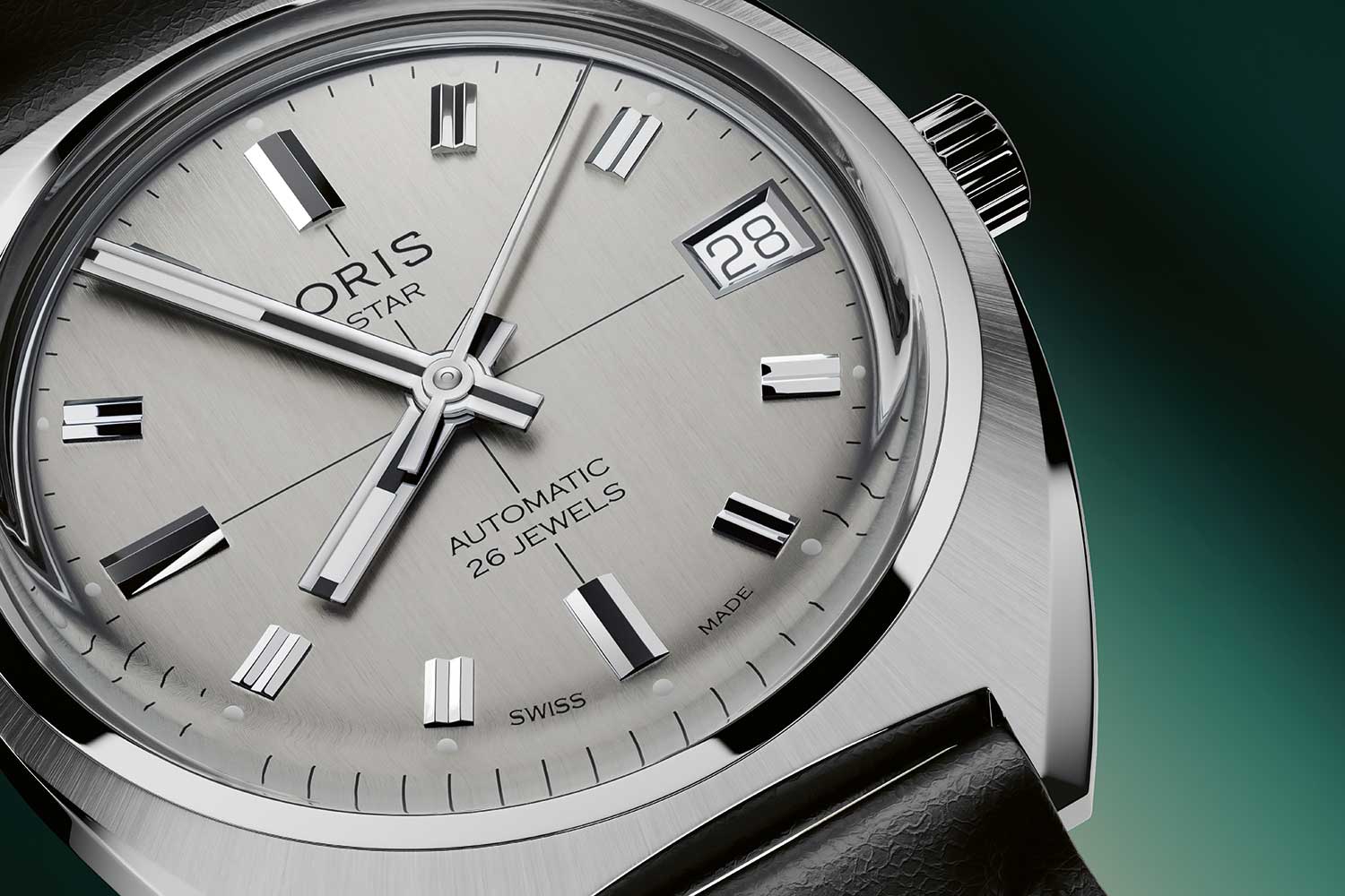 Close-up of Oris Star Edition silver dial with applied indices and date window