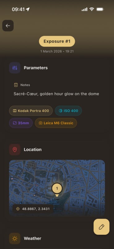 A photography app screen shows details for "Exposure #1" taken on March 1, 2026, at 19:21. It describes the Sacré-Cœur at golden hour and includes camera settings, film info, a map location, and coordinates.