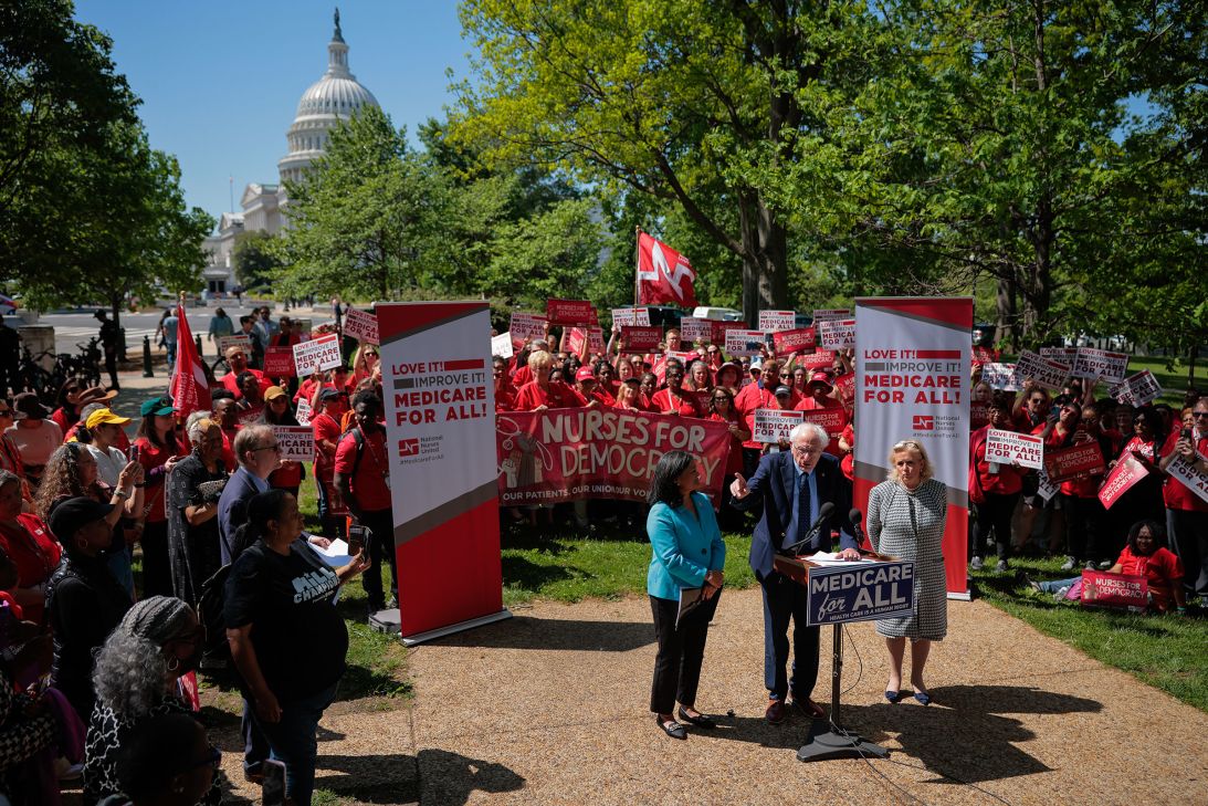 Sen. Bernie Sanders announces that he will reintroduce the Medicare for All Act with Rep. Pramila Jayapal and Rep. Debbie Dingell, as they rally with members of National Nurses United on Capitol Hill on April 29, 2025.