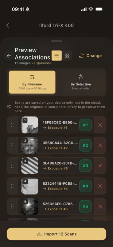 A smartphone screen showing a film scan preview app. The interface lists scanned image filenames with assigned exposure numbers, options to reorder or delete, and a button to import 12 scans at the bottom.