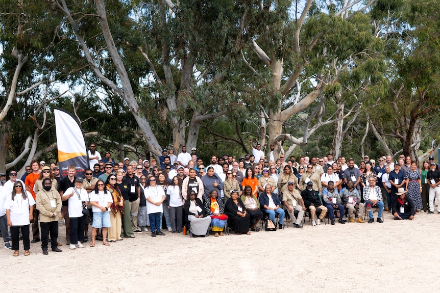 A large group of people standing before large gum trees with assorted banners